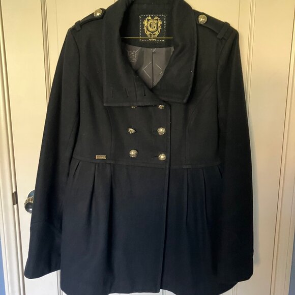 G by Guess Wool Pea Coat - Black with Gold Accents - Size L - Vintage Guess - Picture 1 of 11